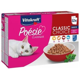 Vitakraft Poésie Classic Choice Sauce - Húsos, halas, szószos válogatás macskáknak - Alutasakos multipack (1 karton multipack = 4 íz x 3 db 85 g-os alutasak) 1.02kg