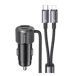 USAMS autós töltő USB+Type-C aljzat (66W, PD gyorstöltő + fix Type-C - lightning kábel) FEKETE