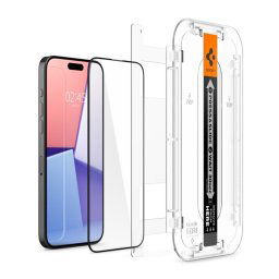 SPIGEN EZ FIT HD képernyővédő üveg (2.5D, tokbarát, ultravékony, 0.2mm, 9H + segédkeret) FEKETE Apple iPhone 15 Pro