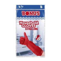 BONUS Gumikesztyű, háztartási, latex, extra hosszú, 38 cm, S méret, BONUS, piros