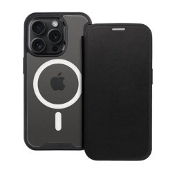 Apple iPhone 12 Pro Max, Oldalra nyíló tok, kártyatartóval, átlátszó hátlap, Magsafe kompatibilis, Smart Mag, fekete
