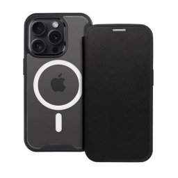 Apple iPhone 13 Pro Max, Oldalra nyíló tok, kártyatartóval, átlátszó hátlap, Magsafe kompatibilis, Smart Mag, fekete