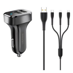 USAMS KING TU C13 autós töltő 2 USB aljzat (10W, LED jelzés + lightning/microUSB/Type-C kábel) FEKETE