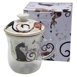 Fekete-arany cicás üvegbögre porcelán szűrővel 400 ml