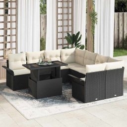 vidaXL Kerti Kanapé Szett párnával 9 pcs Fekete Poli rattan