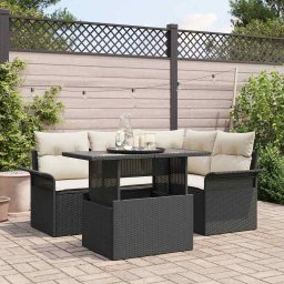 vidaXL Kerti Kanapé Szett párnával 5 pcs Fekete Poli rattan