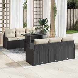 vidaXL Kerti Kanapé Szett párnával 7 pcs Fekete Poli rattan