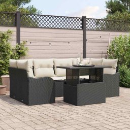 vidaXL Kerti Kanapé Szett párnával 7 pcs Fekete Poli rattan