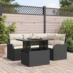 vidaXL Kültéri étkező szett párnával 5 pcs Fekete Poli rattan