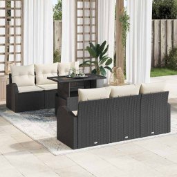 vidaXL Kerti Kanapé Szett párnával 7 pcs Fekete Poli rattan