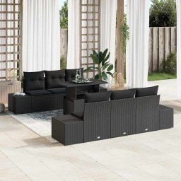 vidaXL Kanapé Szett párnával 7 pcs Fekete polirattan
