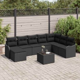 vidaXL Kerti Kanapé Szett párnával 9 pcs Fekete Poli rattan