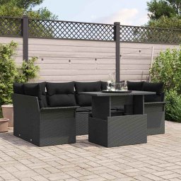 vidaXL Kerti Kanapé Szett párnával tárolóval 7 pcs Fekete Poly Rattan