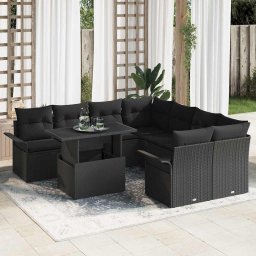 vidaXL Kerti Kanapé Szett 9 db Fekete [Műanyag]: Poly Rattan