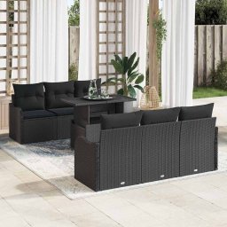vidaXL Kerti Kanapé Szett párnával tárolóval 7 pcs Fekete Poly Rattan