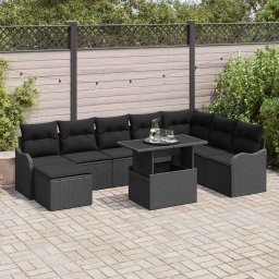 vidaXL Kerti Kanapé Szett párnával tárolóval 9 pcs Fekete Poli rattan