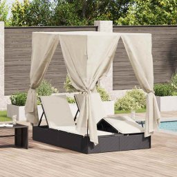 vidaXL Dupla napozóágy Meleg fehér 205 x 129 x 200 cm polirattan