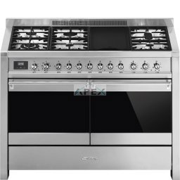 SMEG SZABADONÁLLÓ TŰZHELY,Opera,120 cm,2 sütő,9 és 4 funkció,70+35 l sütőtér,6 égő,rozsdamentes acél/ezüst gombokkal