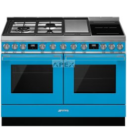 SMEG SZABADONÁLLÓ TŰZHELY, Portofino design, 120 cm, 2 sütőtér, gáz- teppanyaki- és indukciós főzőlap, kék