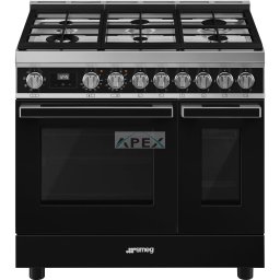 SMEG SZABADONÁLLÓ TŰZHELY,Portofino,90 cm,70+35 l,8+4 f, gőztisztítás, 6 égő (ebből 1 db 4,2 kW-os WOK égő),fekete