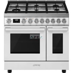 SMEG SZABADONÁLLÓ TŰZHELY,Portofino,90 cm,70+35 l,8+4 f, gőztisztítás, 6 égő (ebből 1 db 4,2 kW-os WOK égő),fehér