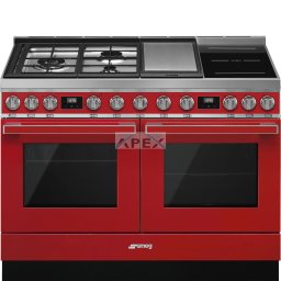 SMEG SZABADONÁLLÓ TŰZHELY, Portofino design, 120 cm, 2 sütőtér, gáz- teppanyaki- és indukciós főzőlap, piros