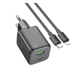 HOCO N41 hálózati töltő USB+Type-C aljzat (20W, GaN, PD gyorstöltő 3.0 + lightning kábel) FEKETE