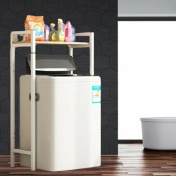 Elite Home(R) masszív fém fürdőszobai polc felültöltős mosógép fölé fa polccal, fehér - 120 cm