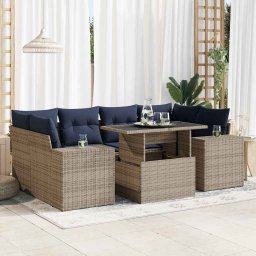 vidaXL 7 részes szürke polyrattan akácfa kerti ülőgarnitúra párnákkal