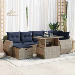 vidaXL 7 részes szürke polyrattan akácfa kerti ülőgarnitúra párnákkal