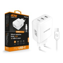 ALIGATOR Power Delivery 40W-os intelligens hálózati töltő, 2xUSB-C, USB-C/USB-C kábel, fehér