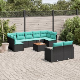 vidaXL 10 részes fekete polyrattan kerti ülőgarnitúra párnával