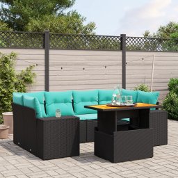 vidaXL 7 részes fekete polyrattan kerti ülőgarnitúra párnákkal