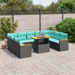vidaXL 10 részes fekete polyrattan kerti ülőgarnitúra párnával