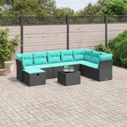 vidaXL 9 részes fekete polyrattan kerti ülőgarnitúra párnával