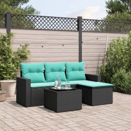 vidaXL 5 részes fekete polyrattan kerti ülőgarnitúra párnával