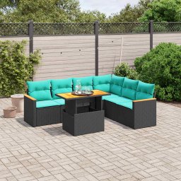 vidaXL 7 részes fekete polyrattan kerti ülőgarnitúra párnákkal