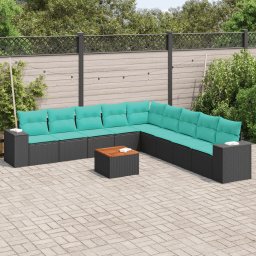 vidaXL 10 részes fekete polyrattan kerti ülőgarnitúra párnával
