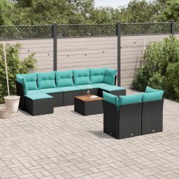 vidaXL 10 részes fekete polyrattan kerti ülőgarnitúra párnával