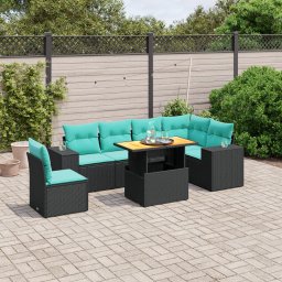 vidaXL 7 részes fekete polyrattan kerti ülőgarnitúra párnákkal