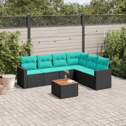 vidaXL 7 részes fekete polyrattan kerti ülőgarnitúra párnákkal