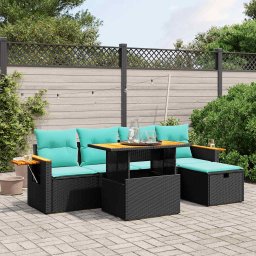 vidaXL 6 részes fekete polyrattan kerti ülőgarnitúra párnával