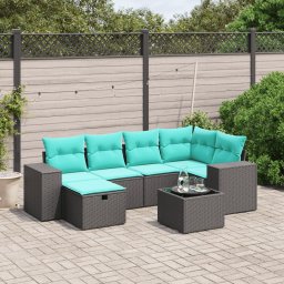 vidaXL 7 részes fekete polyrattan kerti ülőgarnitúra párnákkal