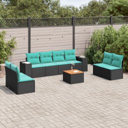 vidaXL 9 részes fekete polyrattan kerti ülőgarnitúra párnával