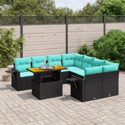 vidaXL 9 részes fekete polyrattan kerti ülőgarnitúra párnával