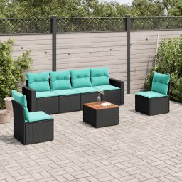 vidaXL 7 részes fekete polyrattan kerti ülőgarnitúra párnákkal