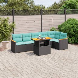 vidaXL 7 részes fekete polyrattan kerti ülőgarnitúra párnákkal