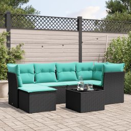 vidaXL 7 részes fekete polyrattan kerti ülőgarnitúra párnákkal