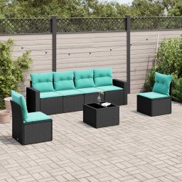 vidaXL 7 részes fekete polyrattan kerti ülőgarnitúra párnákkal