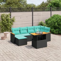 vidaXL 7 részes fekete polyrattan kerti ülőgarnitúra párnákkal